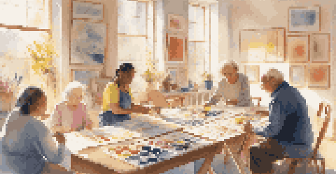 A bright art therapy room where diverse individuals, including a young girl and an elderly man, are painting together. The space is filled with colorful art supplies and soft sunlight.