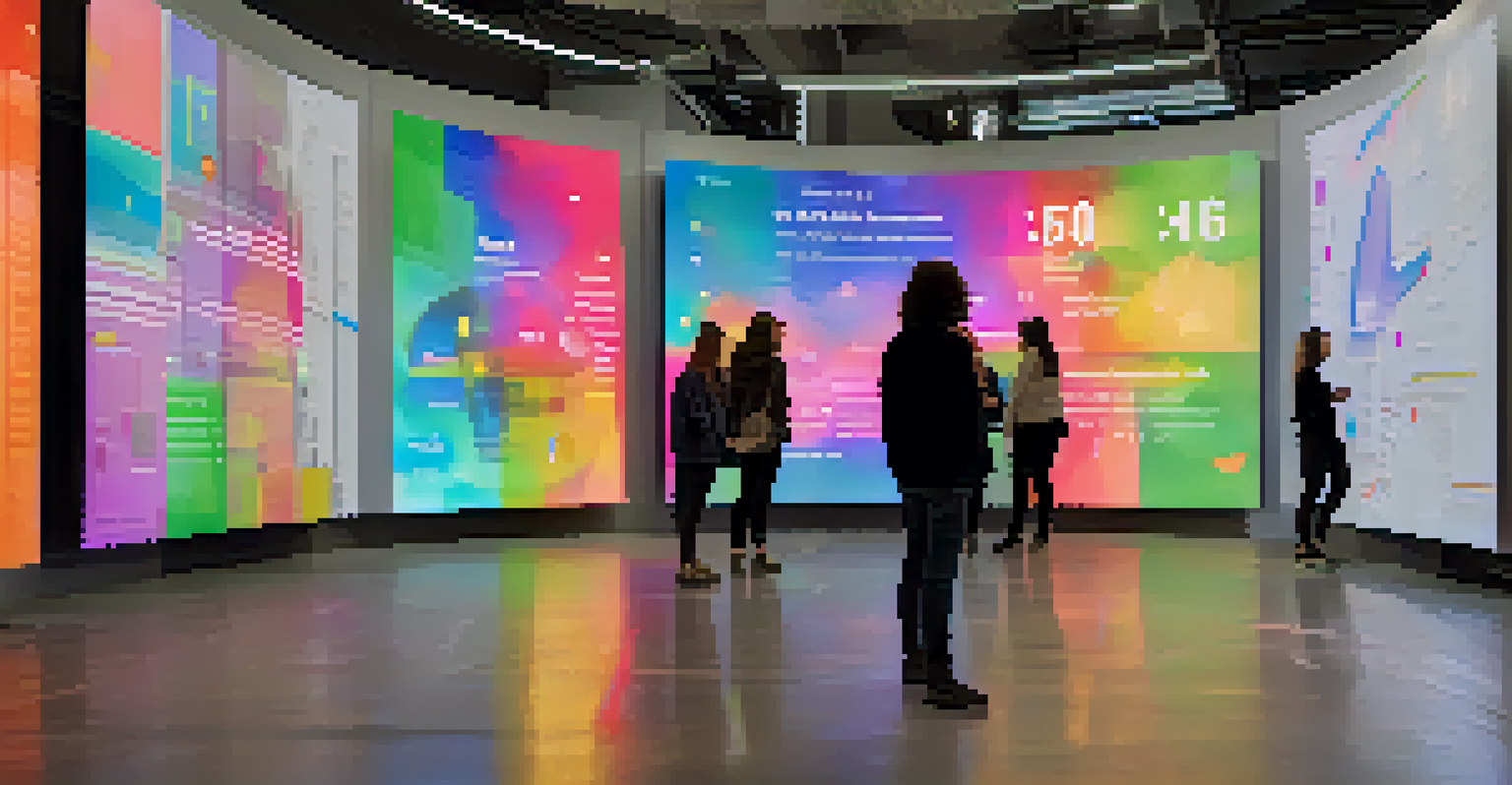 A modern art installation with interactive screens displaying real-time data and colorful infographics, illuminated by bright LED lights.