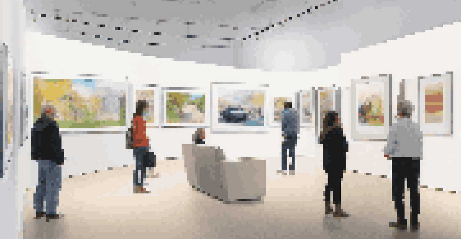 A modern gallery showcasing a digital art exhibition, featuring accessible elements like captions and audio descriptions.
