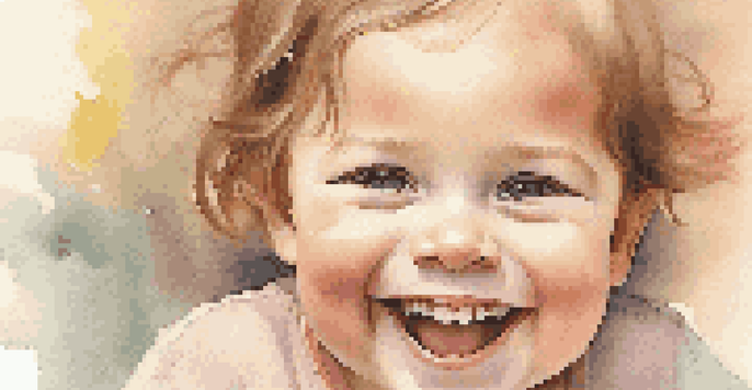 A joyful close-up portrait of a laughing child with bright eyes and a wide smile, set against a softly blurred pastel background.