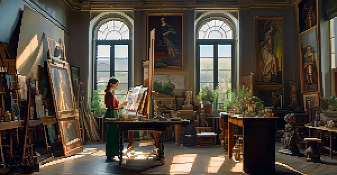 A female artist in a bright Renaissance art studio, painting a self-portrait with classical sculptures around her.