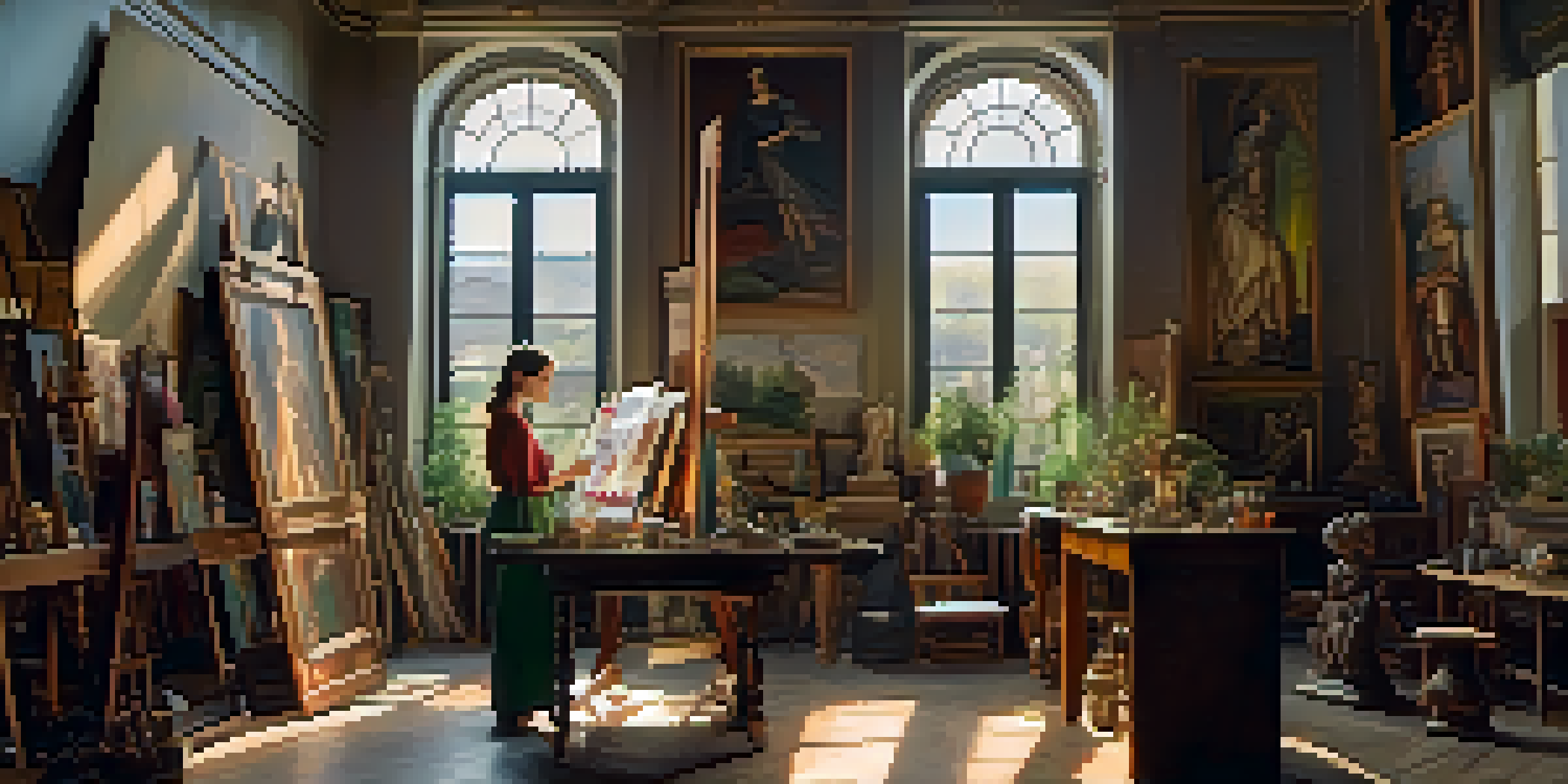 A female artist in a bright Renaissance art studio, painting a self-portrait with classical sculptures around her.