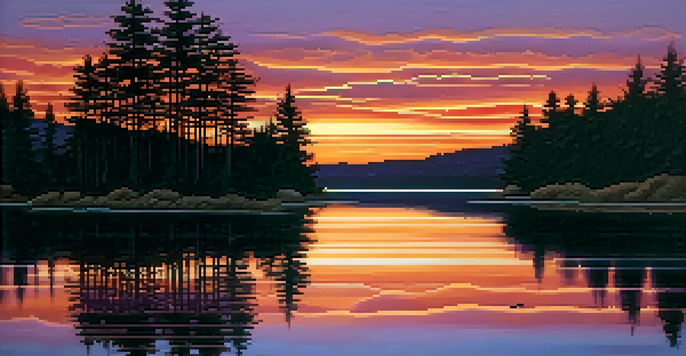 A tranquil sunset over a lake, with colorful reflections and silhouetted trees.