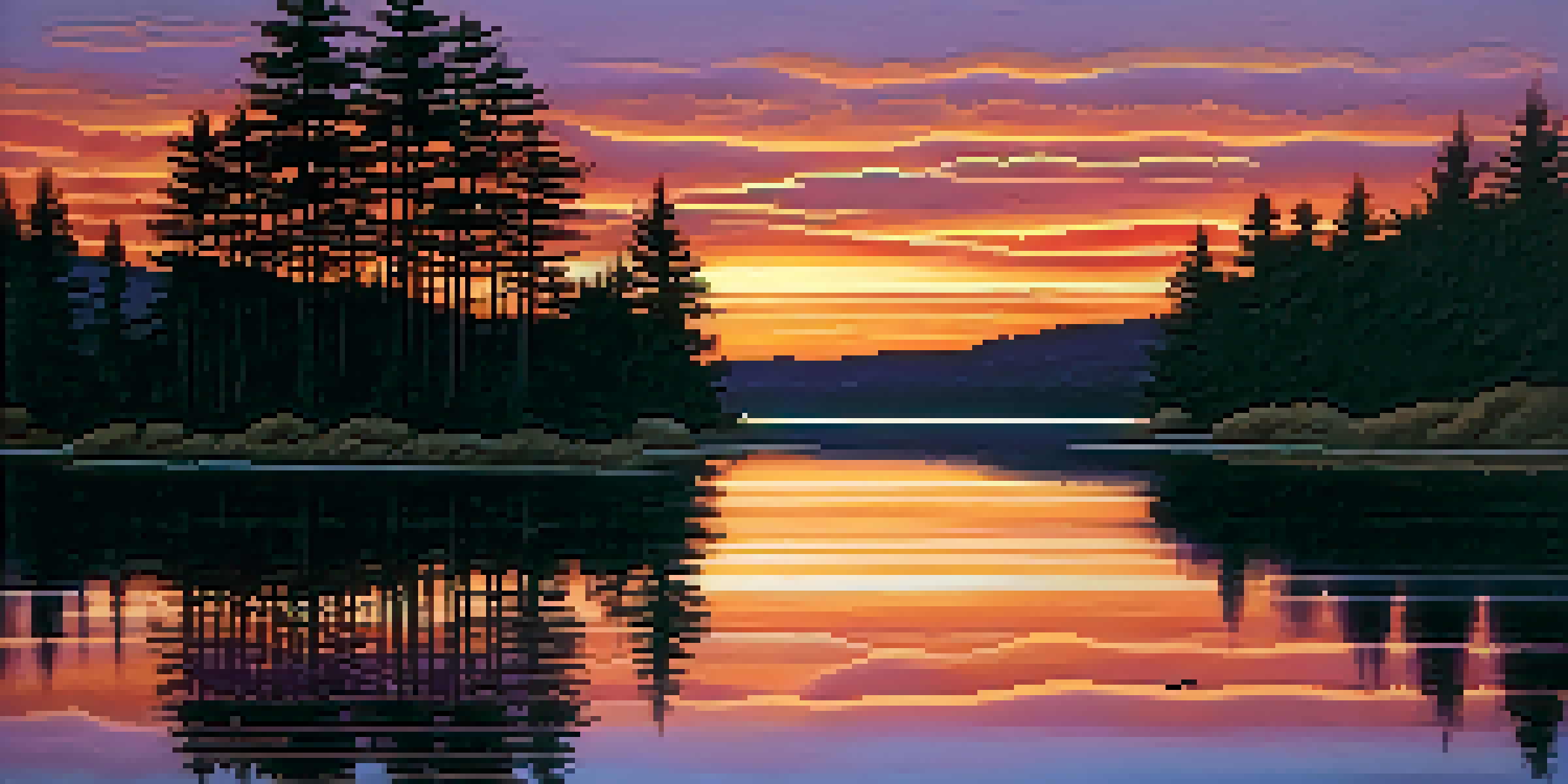 A tranquil sunset over a lake, with colorful reflections and silhouetted trees.