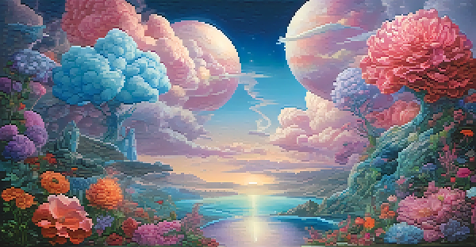 A surreal landscape with a fragmented human body floating among whimsical clouds and oversized flowers in vibrant colors.
