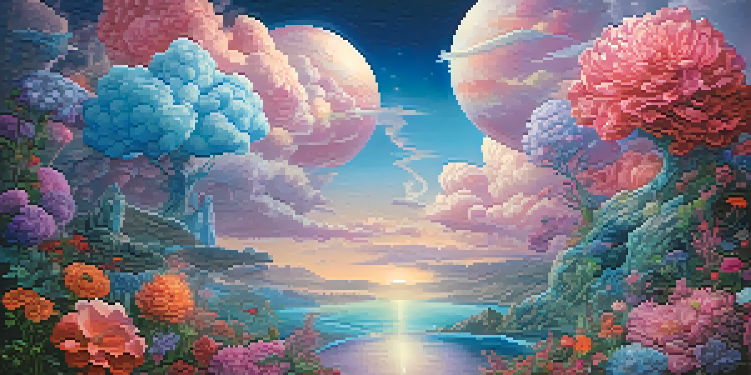 A surreal landscape with a fragmented human body floating among whimsical clouds and oversized flowers in vibrant colors.