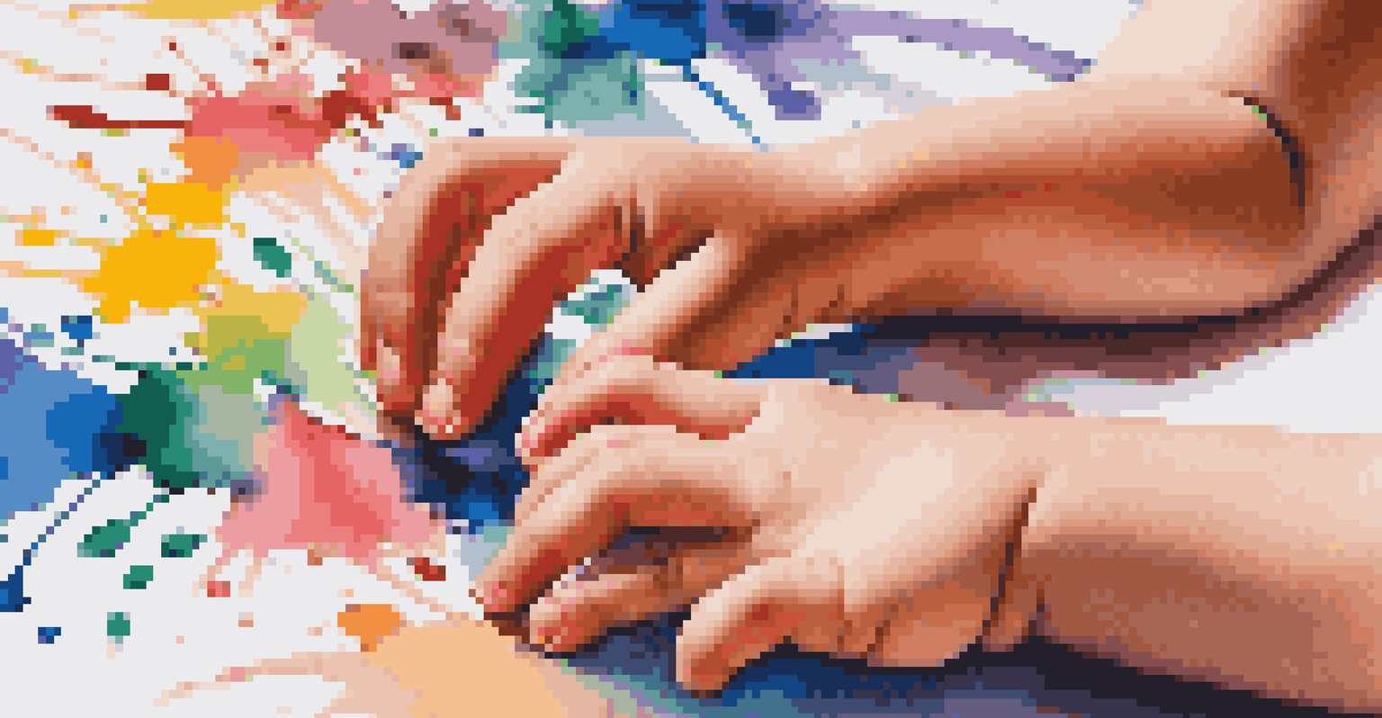 A child's hands painting joyfully on a canvas, showcasing bright colors and a focused expression.