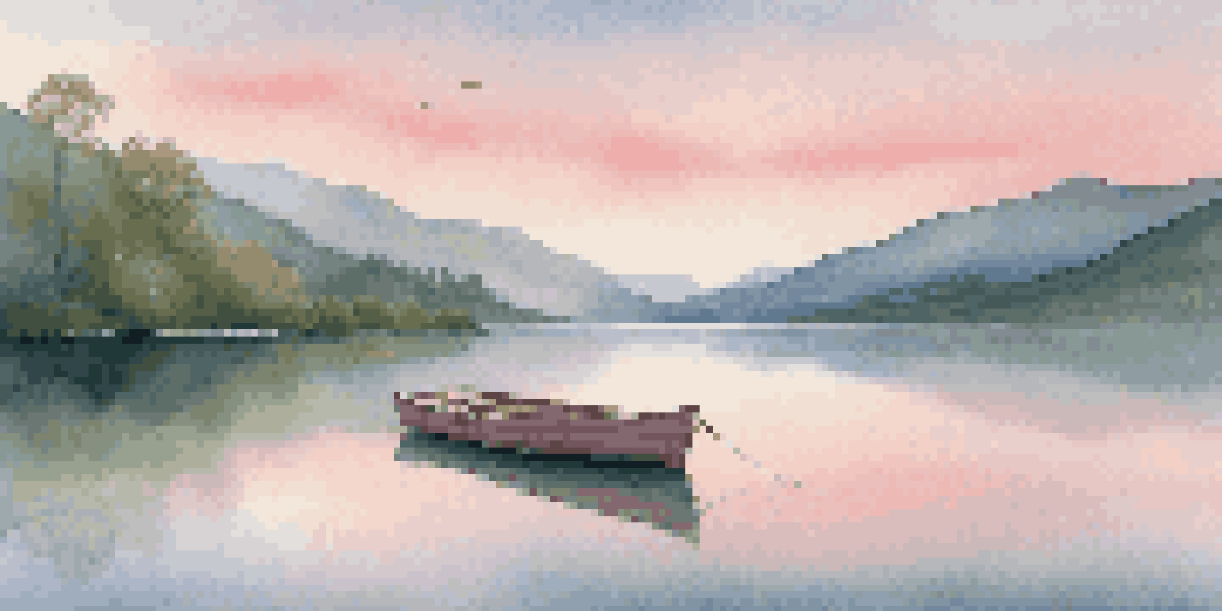 A tranquil lake surrounded by green mountains at dawn with pastel-colored sky reflections and a small wooden boat in the foreground.