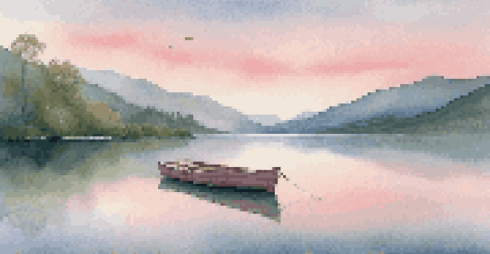 A tranquil lake surrounded by green mountains at dawn with pastel-colored sky reflections and a small wooden boat in the foreground.