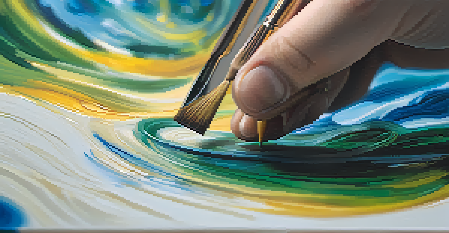 A close-up of a hand with a paintbrush painting an abstract landscape on a canvas, with vibrant colors and a blurred background.