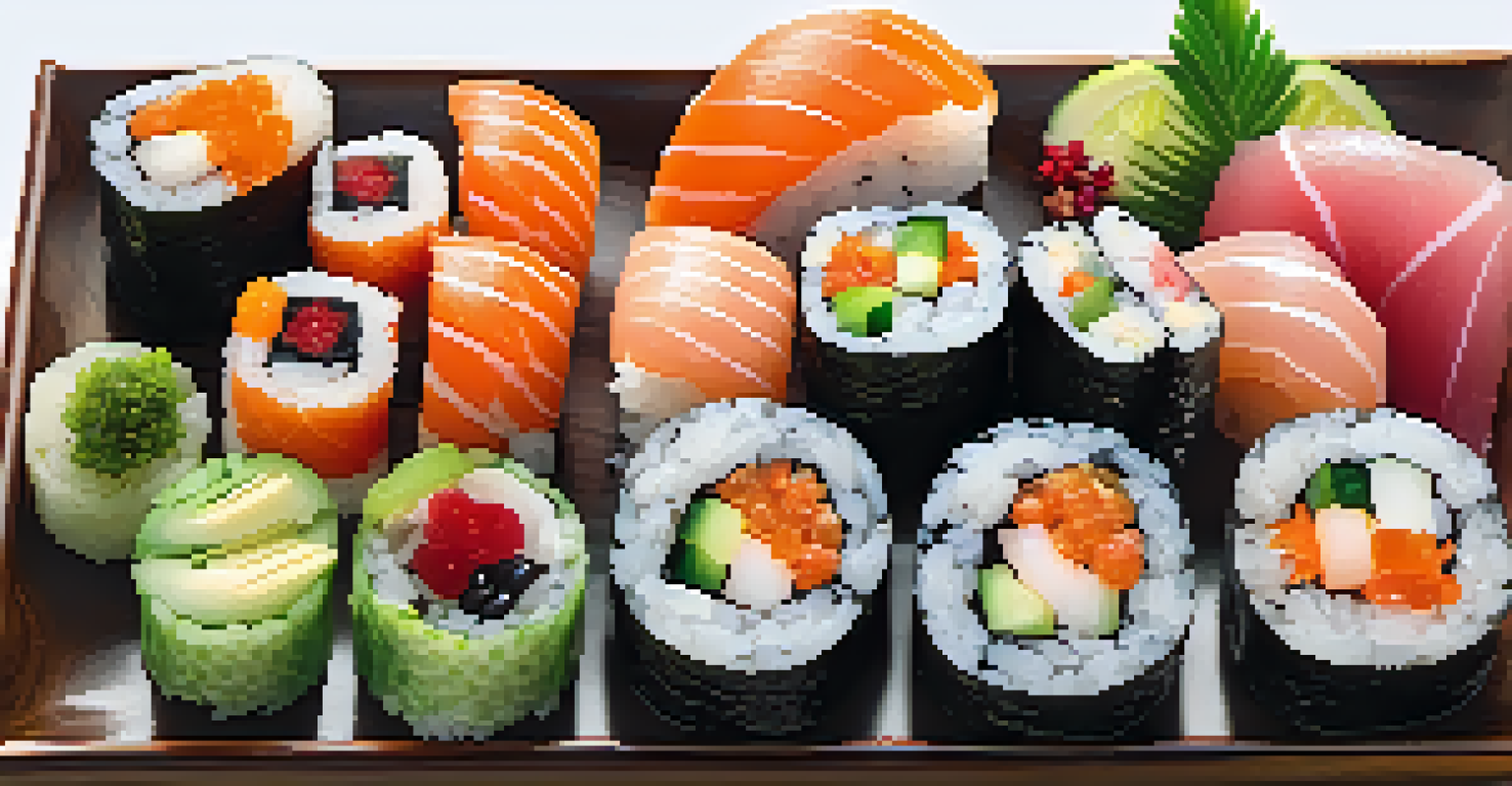 An artistic arrangement of various sushi rolls and sashimi on a wooden board, accompanied by soy sauce and pickled ginger.
