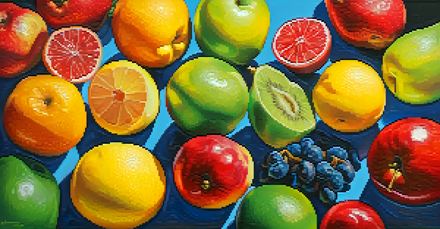 An artist's palette with vibrant colors resembling fruits against a bright blue background.