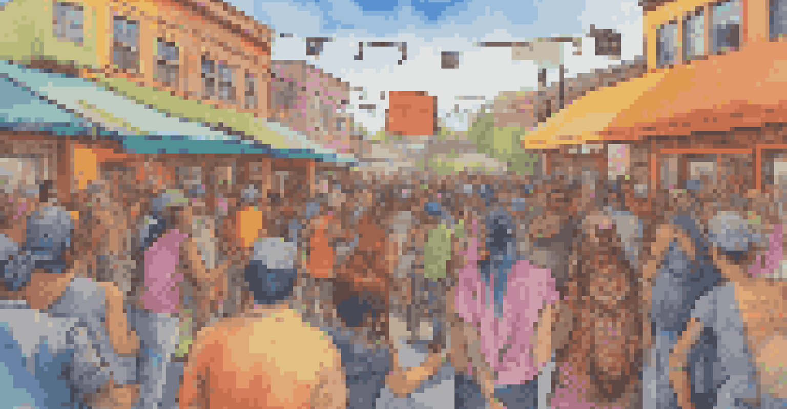A digital artwork showcasing a community gathering with interactive installations blending technology and traditional art.