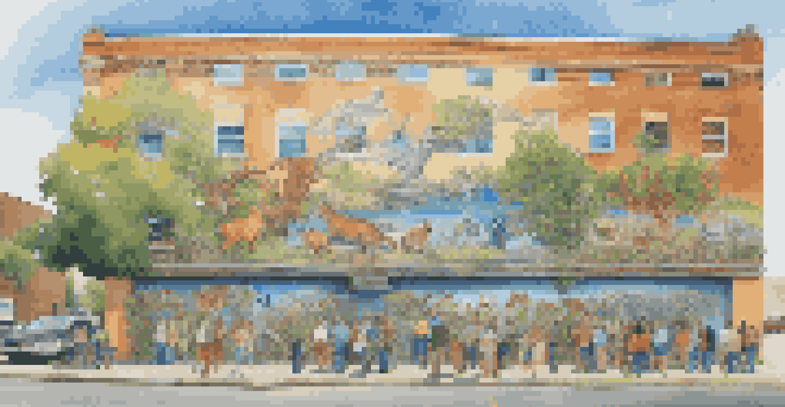 A vibrant community mural showcasing local wildlife and plants, with people admiring the artwork in a bright setting.