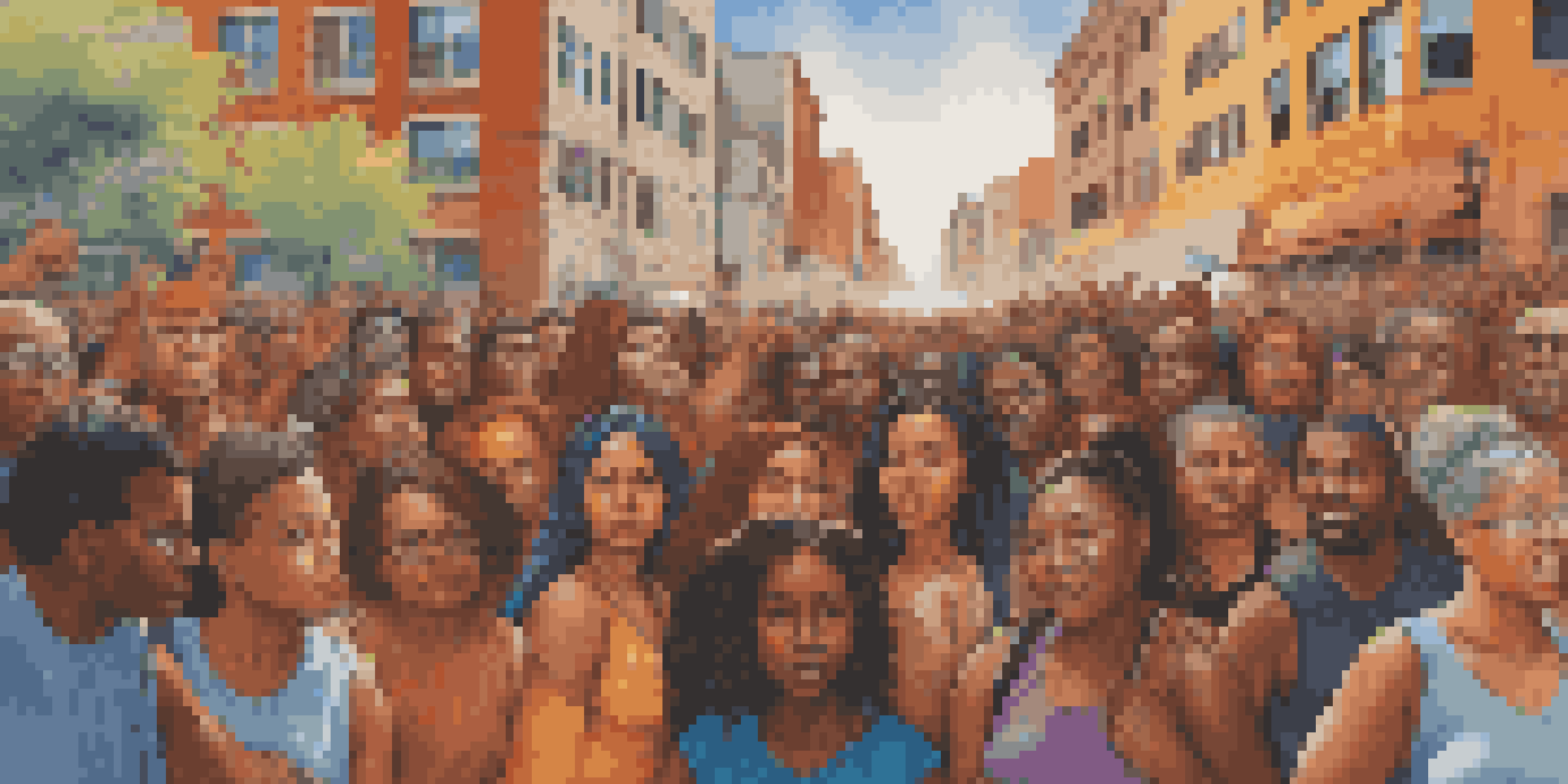 A mural showing diverse individuals protesting for social justice in a city setting, filled with vibrant colors and expressions of determination.