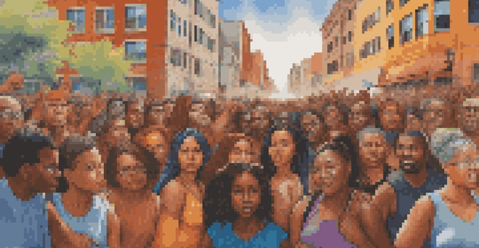 A mural showing diverse individuals protesting for social justice in a city setting, filled with vibrant colors and expressions of determination.