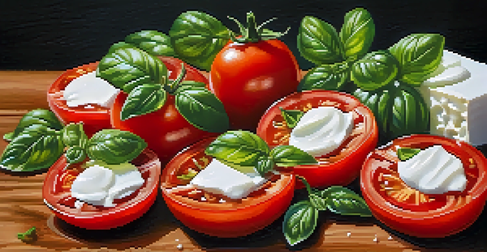 A colorful Caprese salad with tomatoes, basil, and mozzarella on a wooden table, drizzled with balsamic glaze.