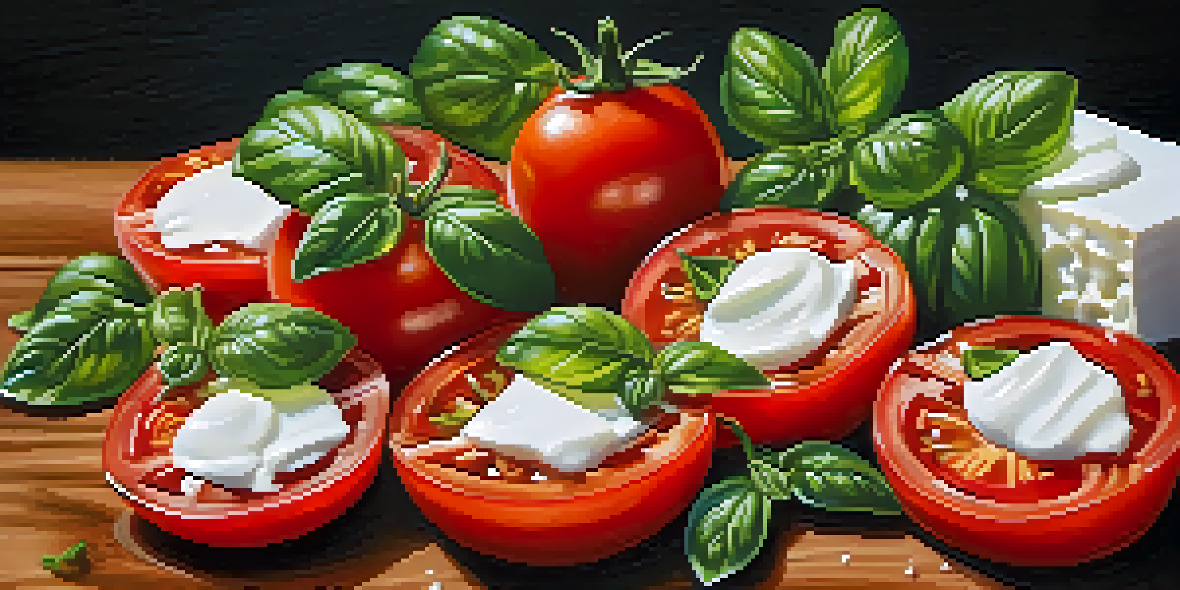 A colorful Caprese salad with tomatoes, basil, and mozzarella on a wooden table, drizzled with balsamic glaze.