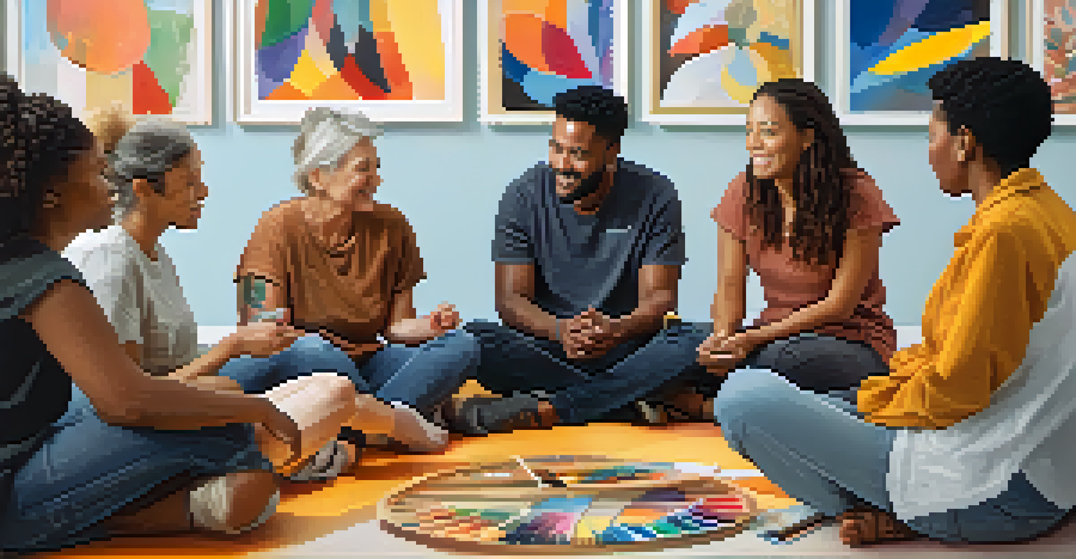 A group of diverse adults in an art class, sharing their artwork in a supportive environment.