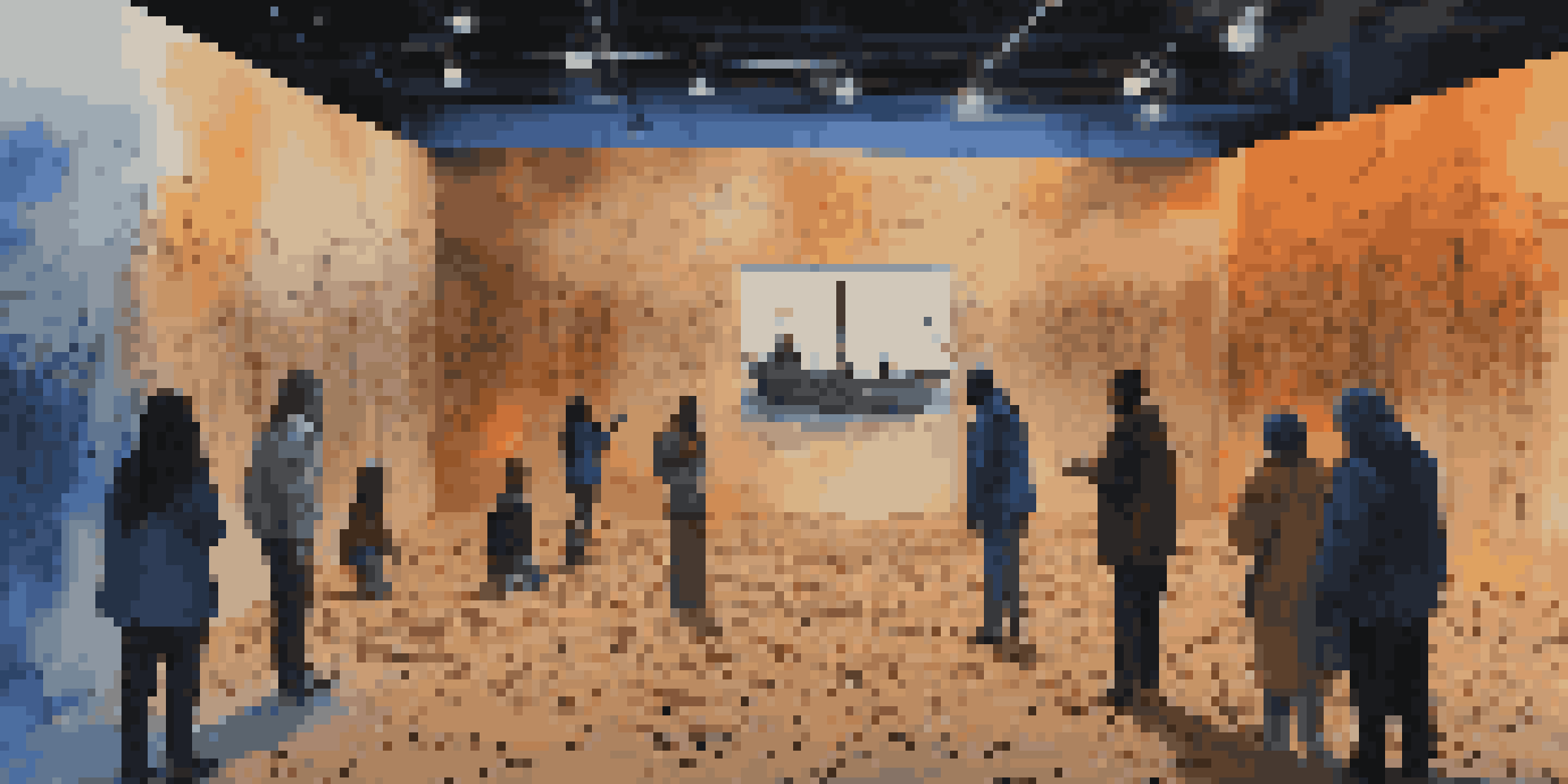 An immersive art installation showcasing the refugee crisis, featuring multimedia elements and a dark gallery setting to evoke emotion.
