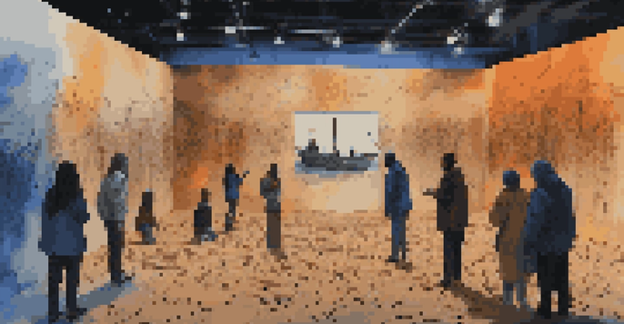 An immersive art installation showcasing the refugee crisis, featuring multimedia elements and a dark gallery setting to evoke emotion.