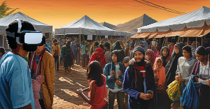 A person wearing a virtual reality headset, surrounded by a digital environment depicting the life of a refugee, featuring tents and diverse individuals.