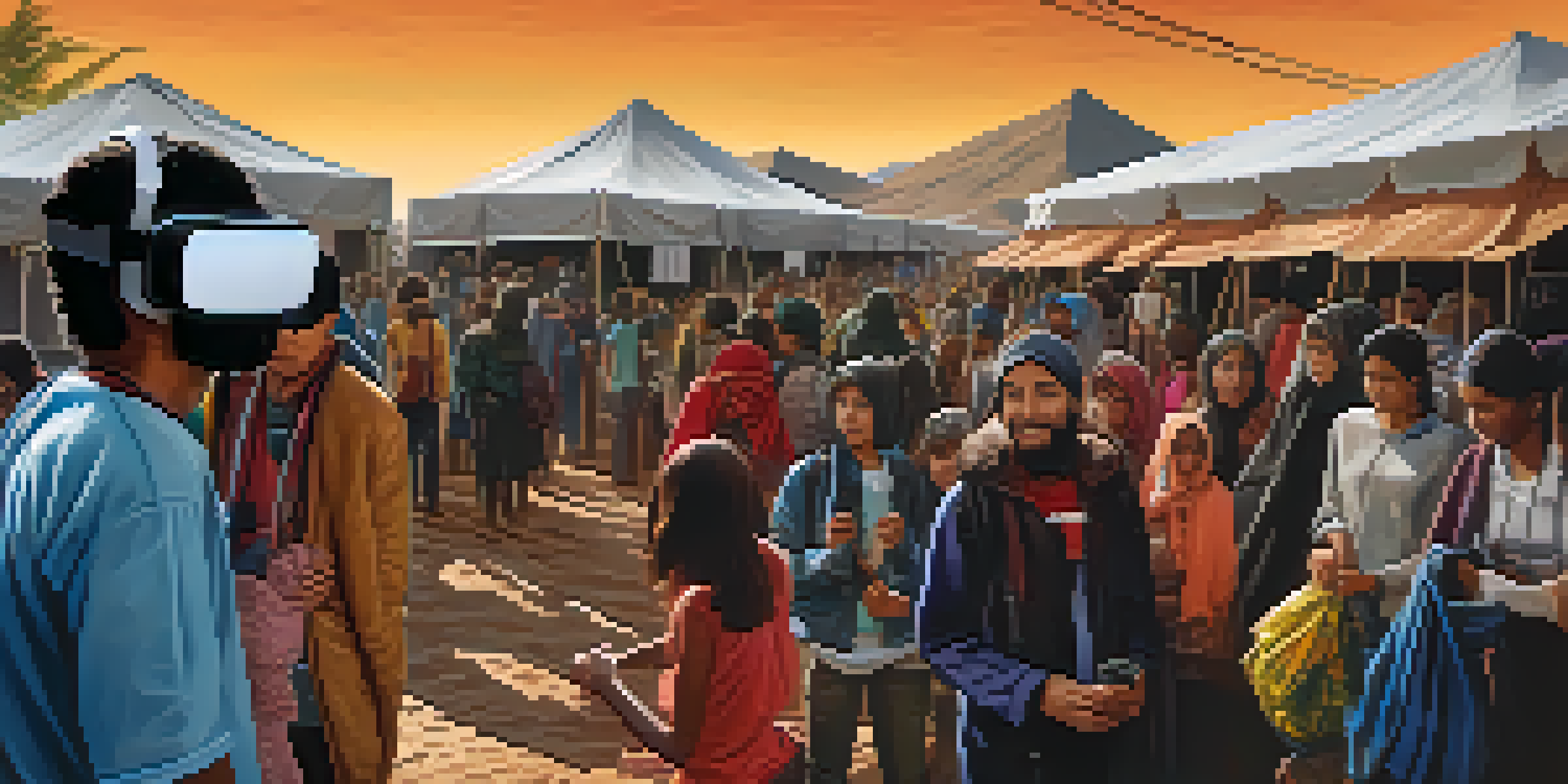 A person wearing a virtual reality headset, surrounded by a digital environment depicting the life of a refugee, featuring tents and diverse individuals.