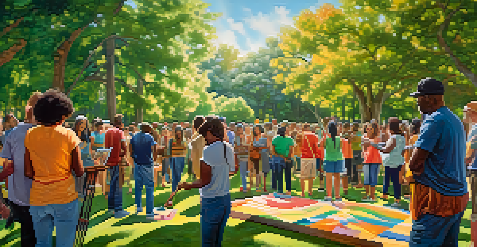 A diverse group of individuals collaborating on a large mural in a park, showcasing their unique cultural elements in bright colors.