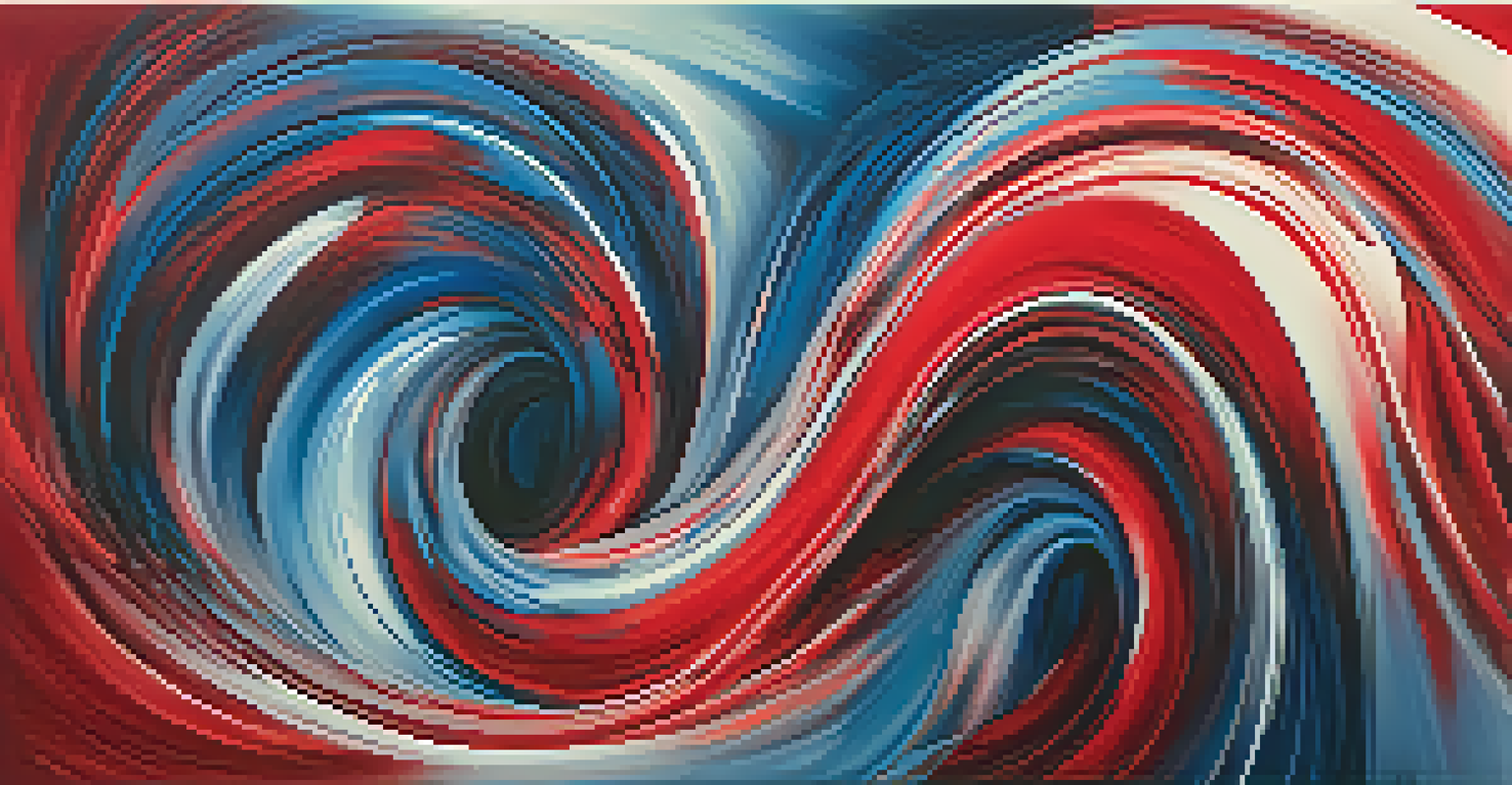 An abstract painting with vibrant swirls of red and blue, showcasing emotional tension and harmony.
