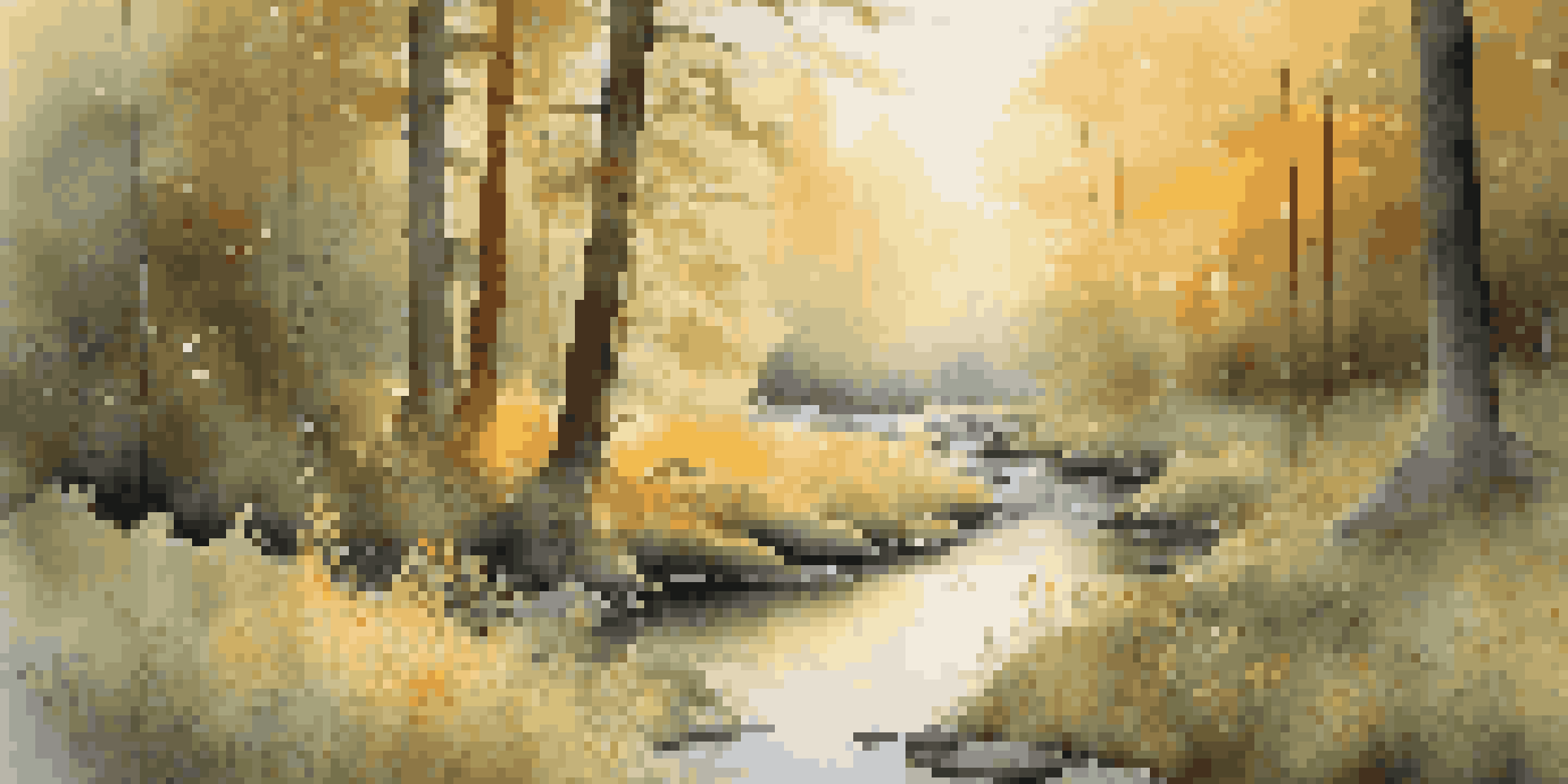 A peaceful forest scene at dawn with sunlight filtering through the trees and a stream winding through wildflowers.