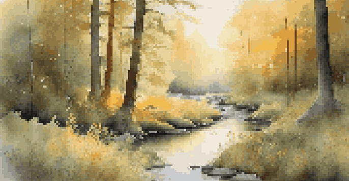 A peaceful forest scene at dawn with sunlight filtering through the trees and a stream winding through wildflowers.