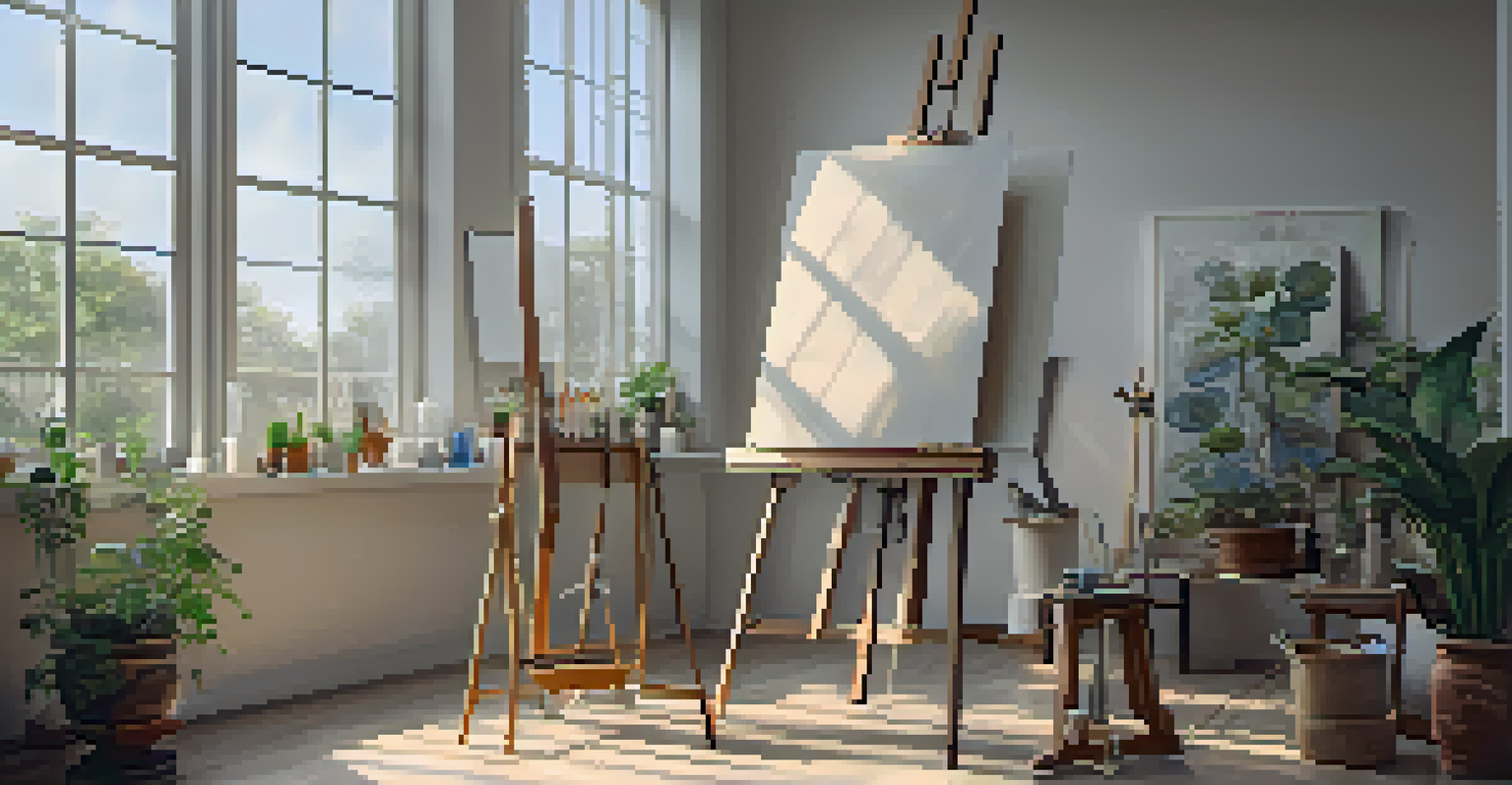 An artist's studio with natural light, an easel, and neatly arranged art supplies.