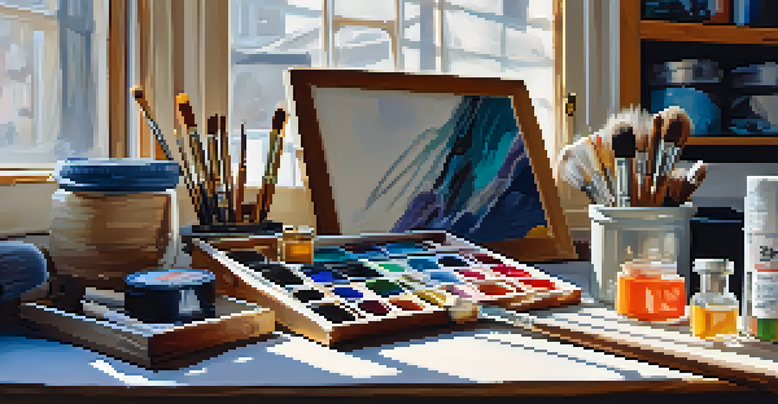 An artist's workspace filled with paints, brushes, and a canvas, illuminated by natural light.