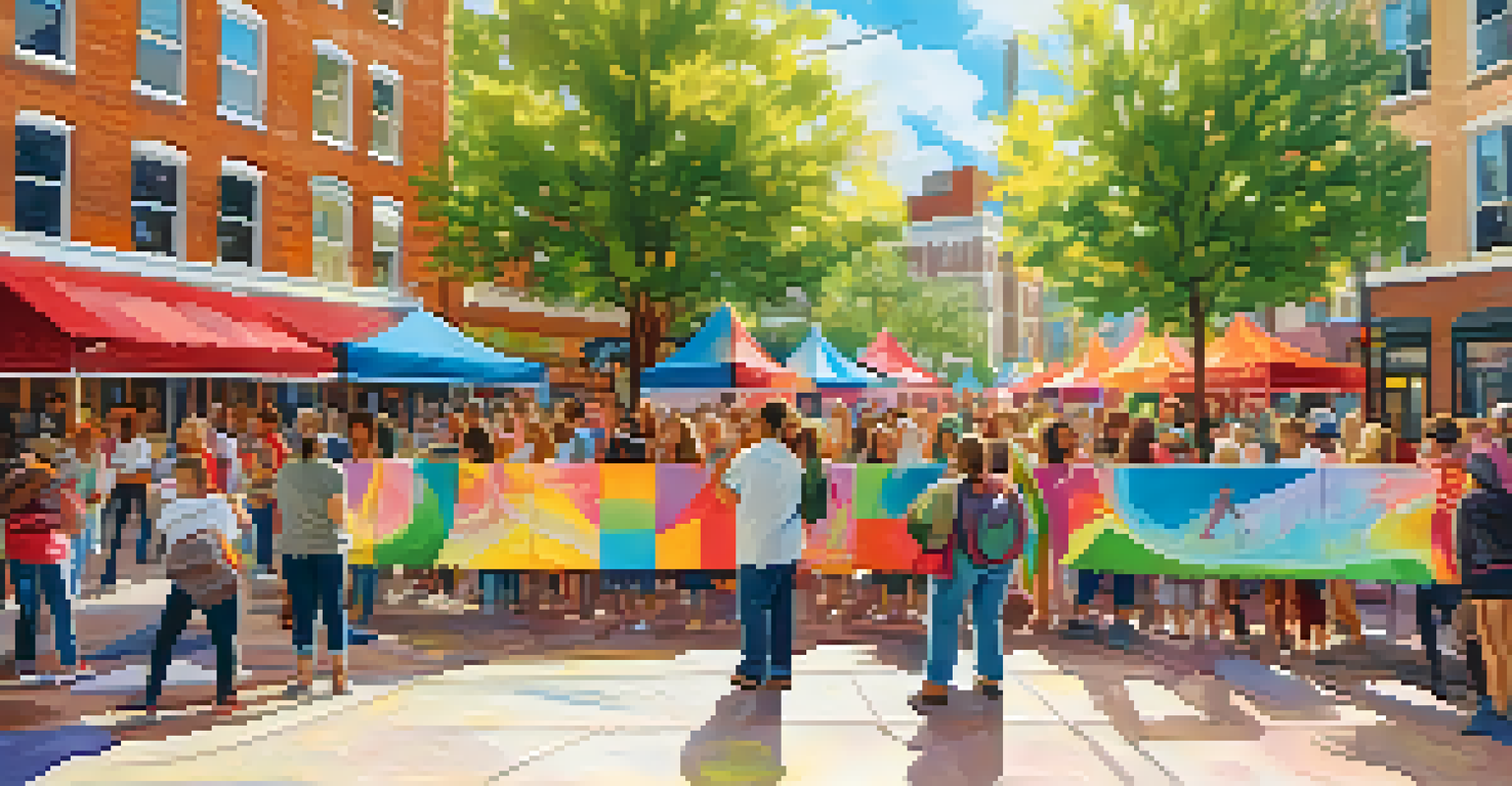 Community members collaboratively painting a large mural in a public square, surrounded by art supplies and vibrant decorations.