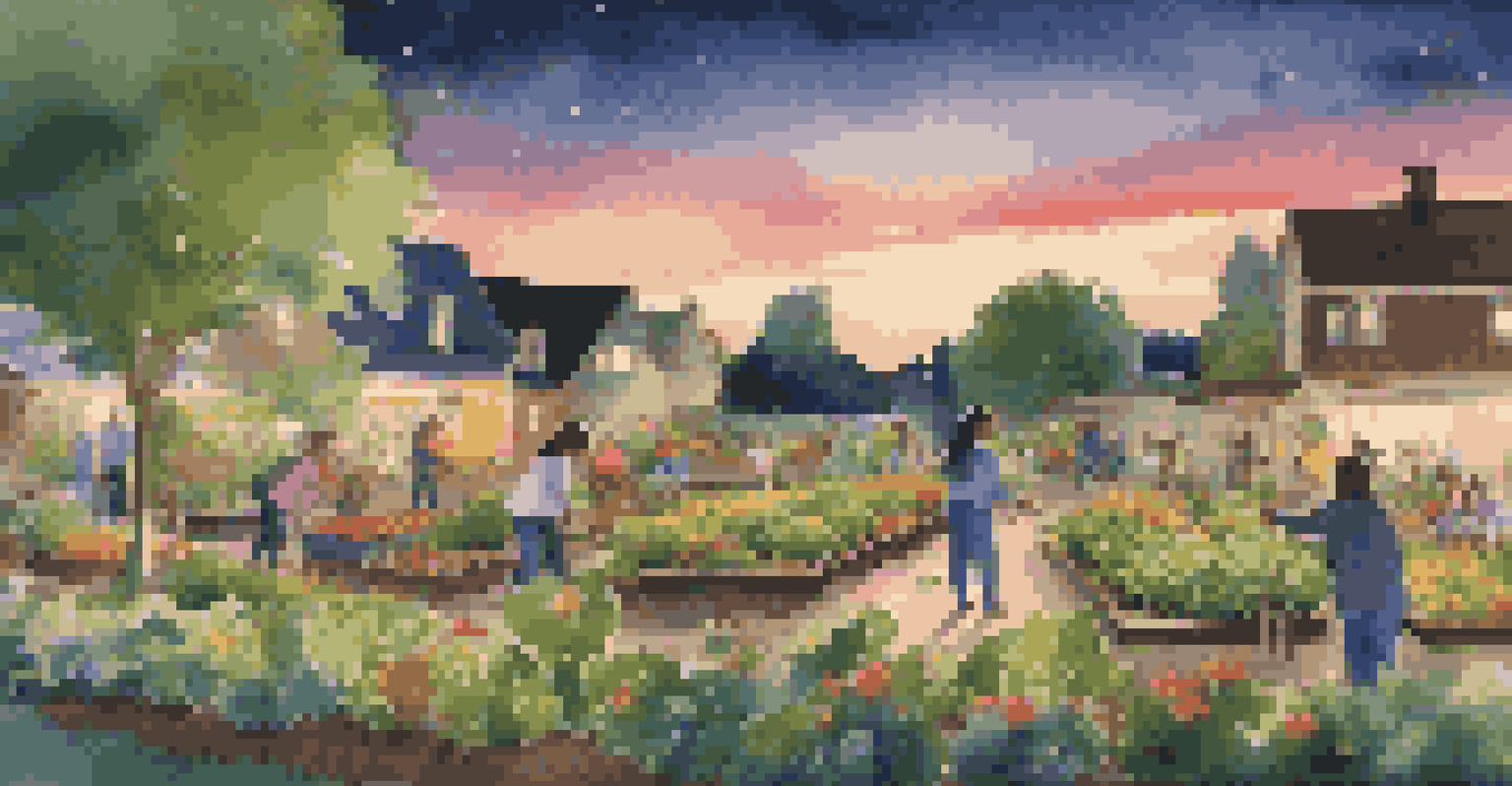 A community garden at night, lit by solar lights, with families participating in gardening activities.