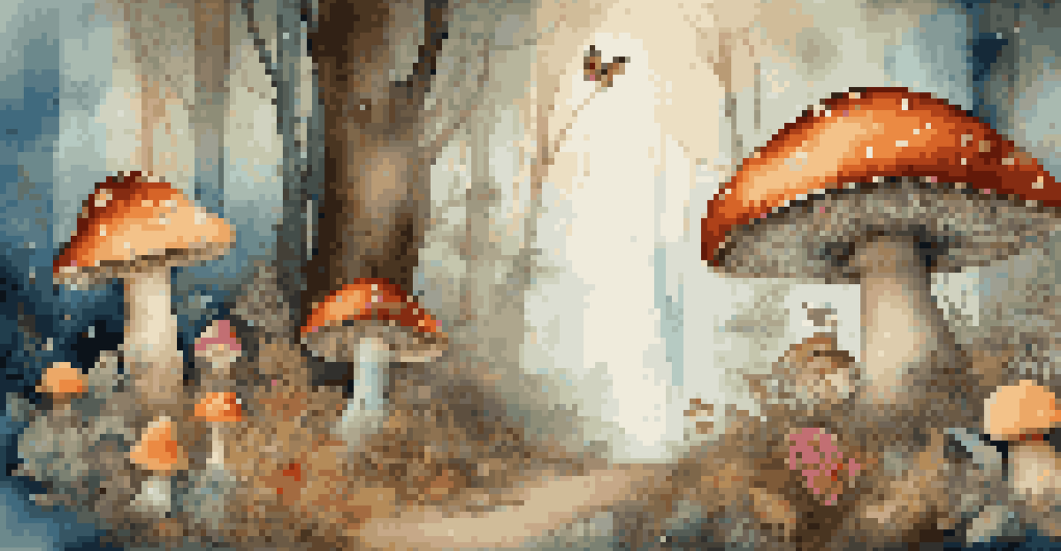 A whimsical digital collage of a magical forest scene with colorful mushrooms and flowers.