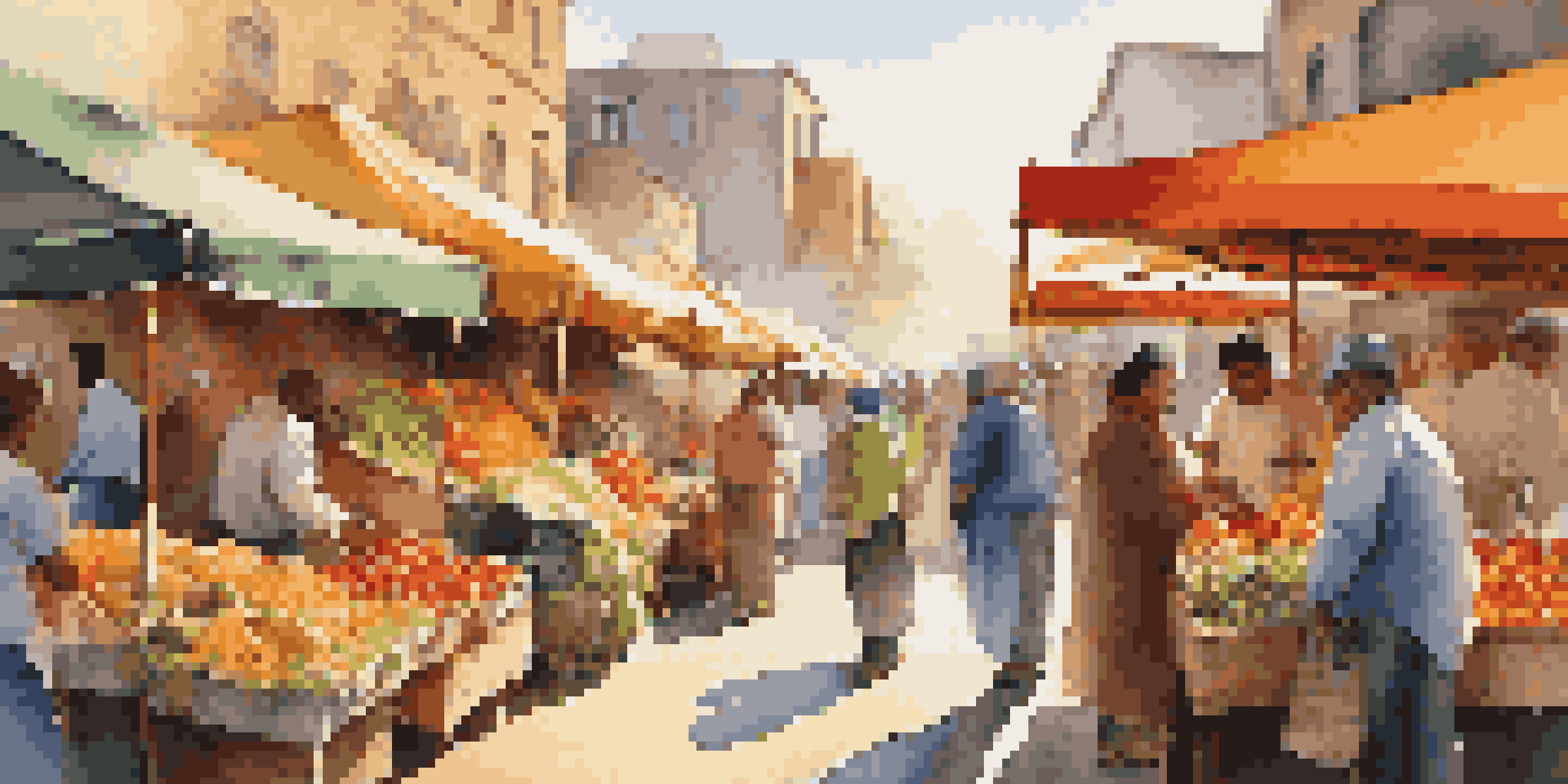 A bustling outdoor market filled with colorful stalls of fruits and vegetables, with sunlight illuminating the scene and a diverse crowd of people interacting.