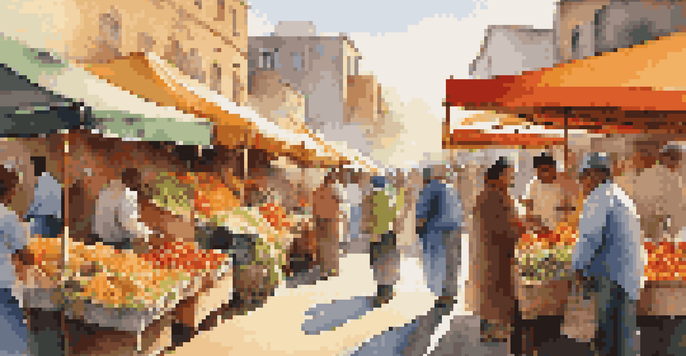 A bustling outdoor market filled with colorful stalls of fruits and vegetables, with sunlight illuminating the scene and a diverse crowd of people interacting.