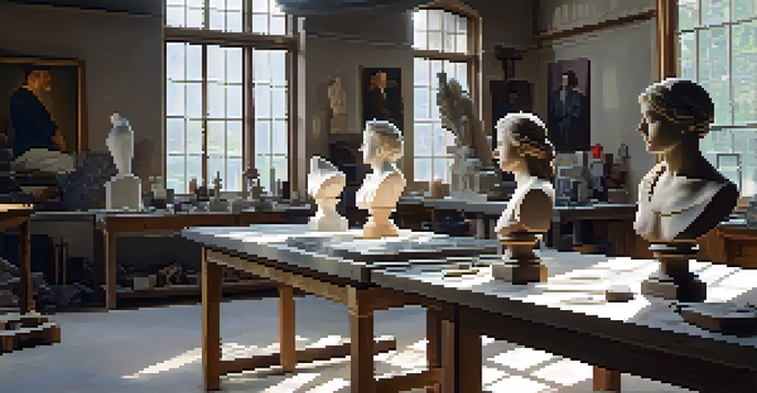 An artist sculpting a marble bust in a sunlit workshop, with tools and a partially finished sculpture visible.