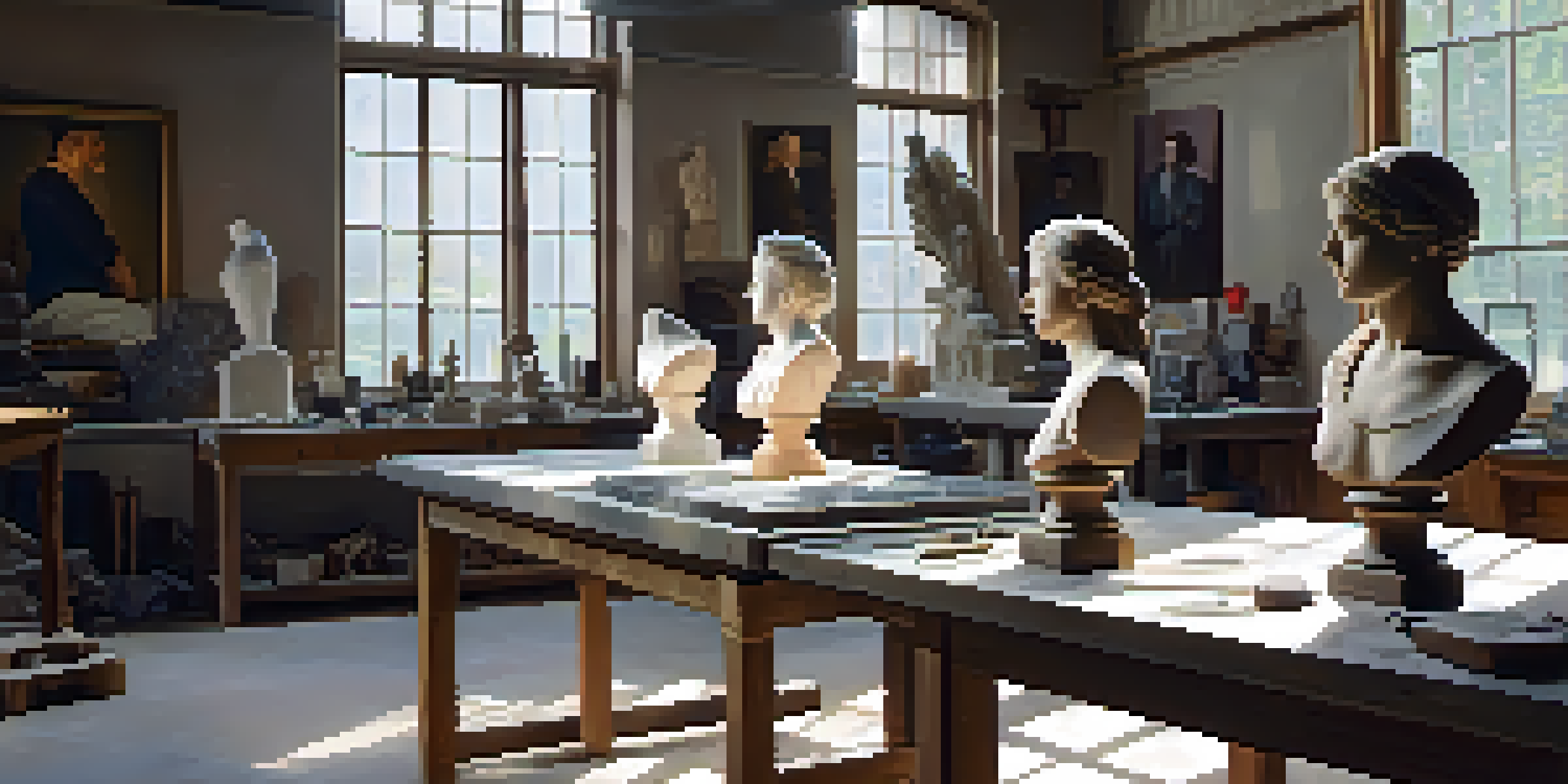 An artist sculpting a marble bust in a sunlit workshop, with tools and a partially finished sculpture visible.