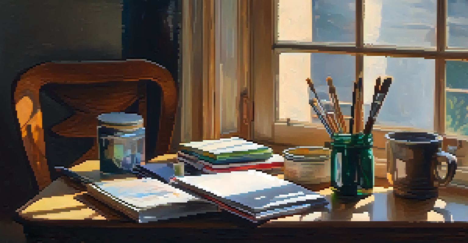 An artist's workspace with journals and paints, illuminated by warm light from a window.