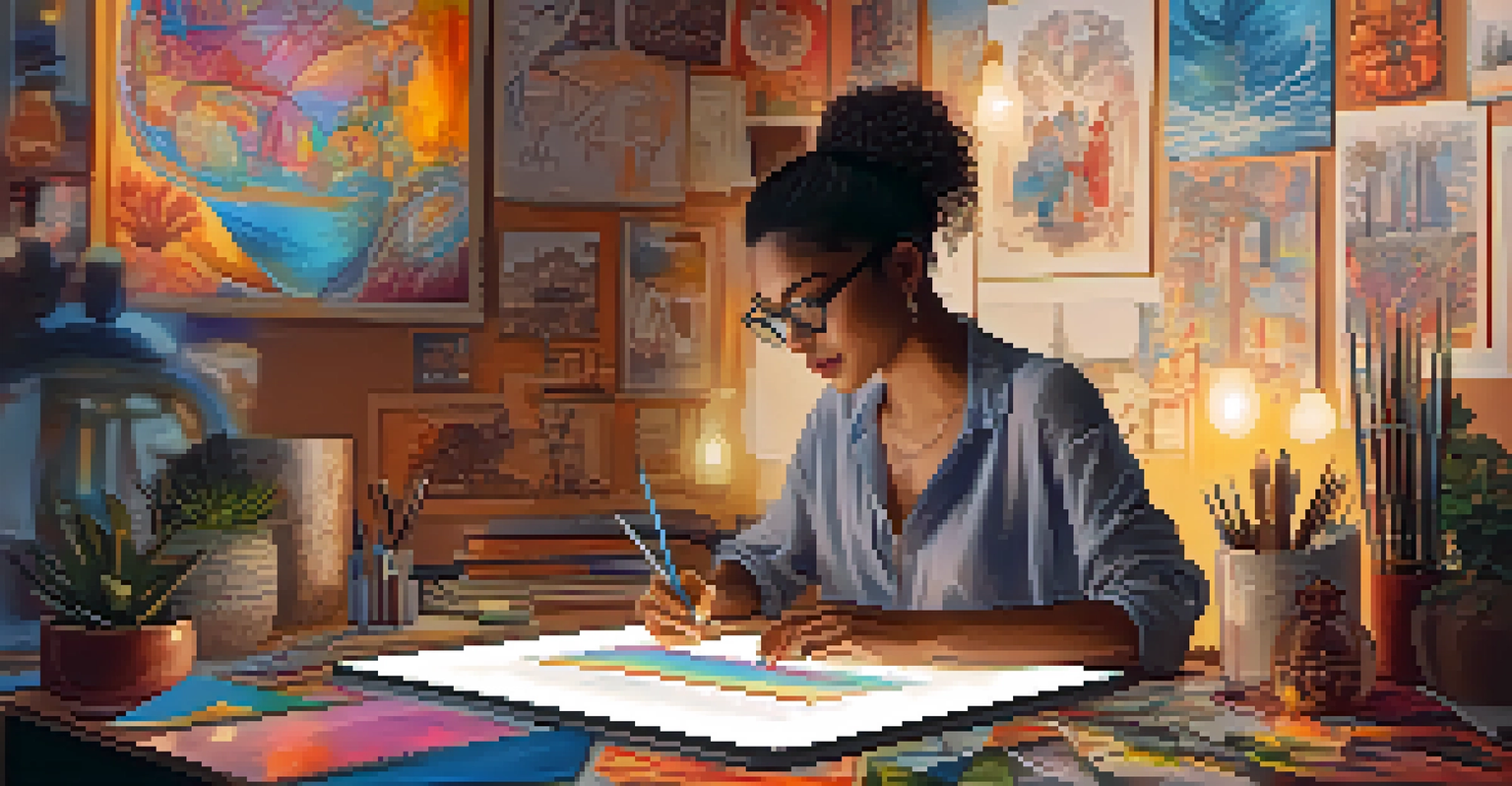 An artist working on a digital tablet surrounded by colorful cultural sketches and art pieces.
