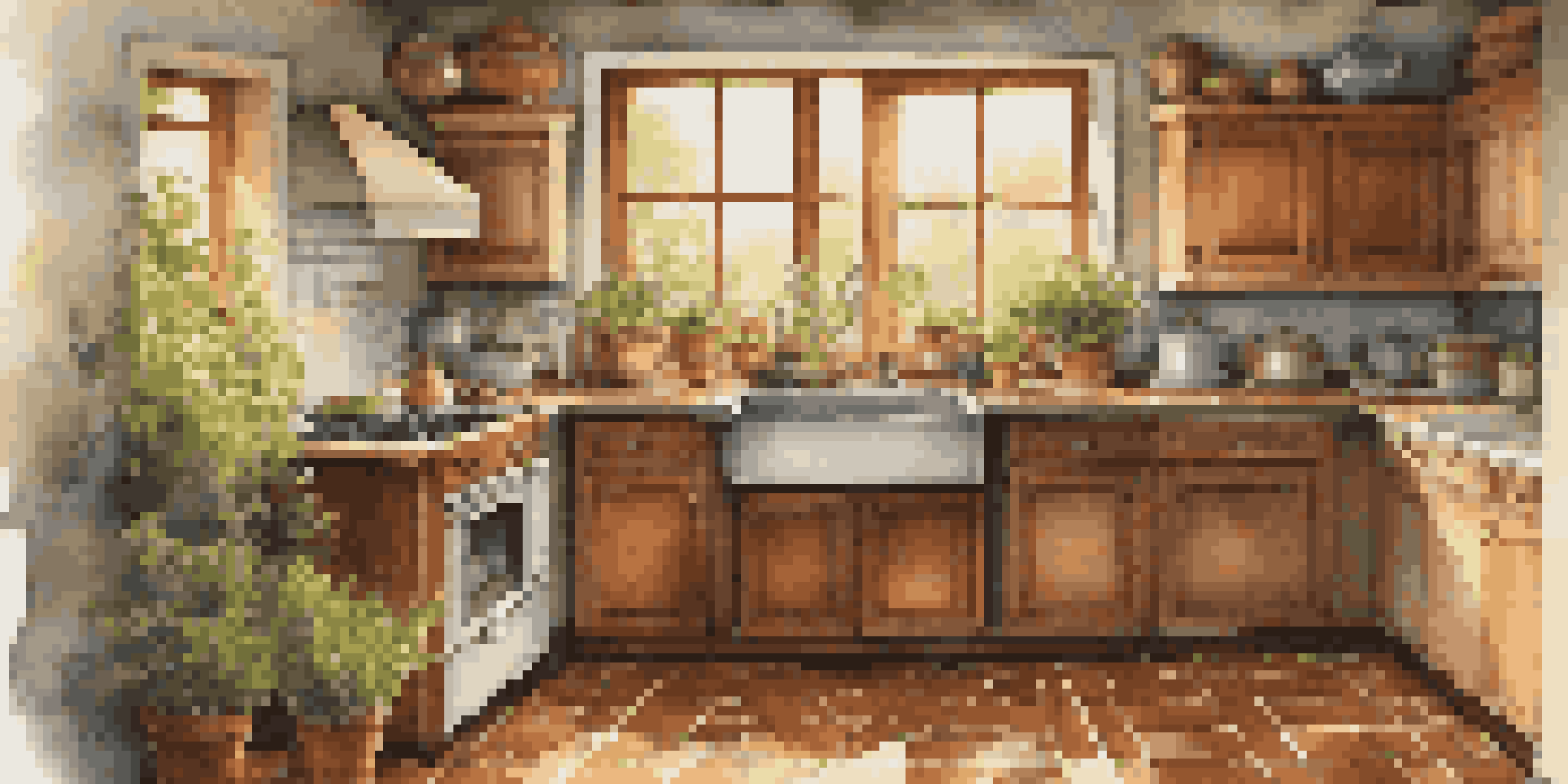 A cozy grandmother's kitchen filled with warm light and nostalgic details like vintage cabinets and potted herbs.