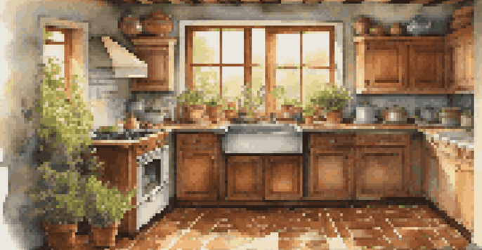 A cozy grandmother's kitchen filled with warm light and nostalgic details like vintage cabinets and potted herbs.