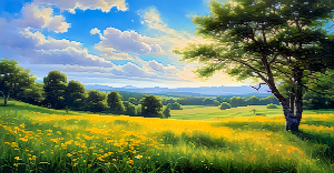 A vibrant meadow in summer with colorful wildflowers, a bright blue sky, and fluffy clouds, evoking childhood memories.