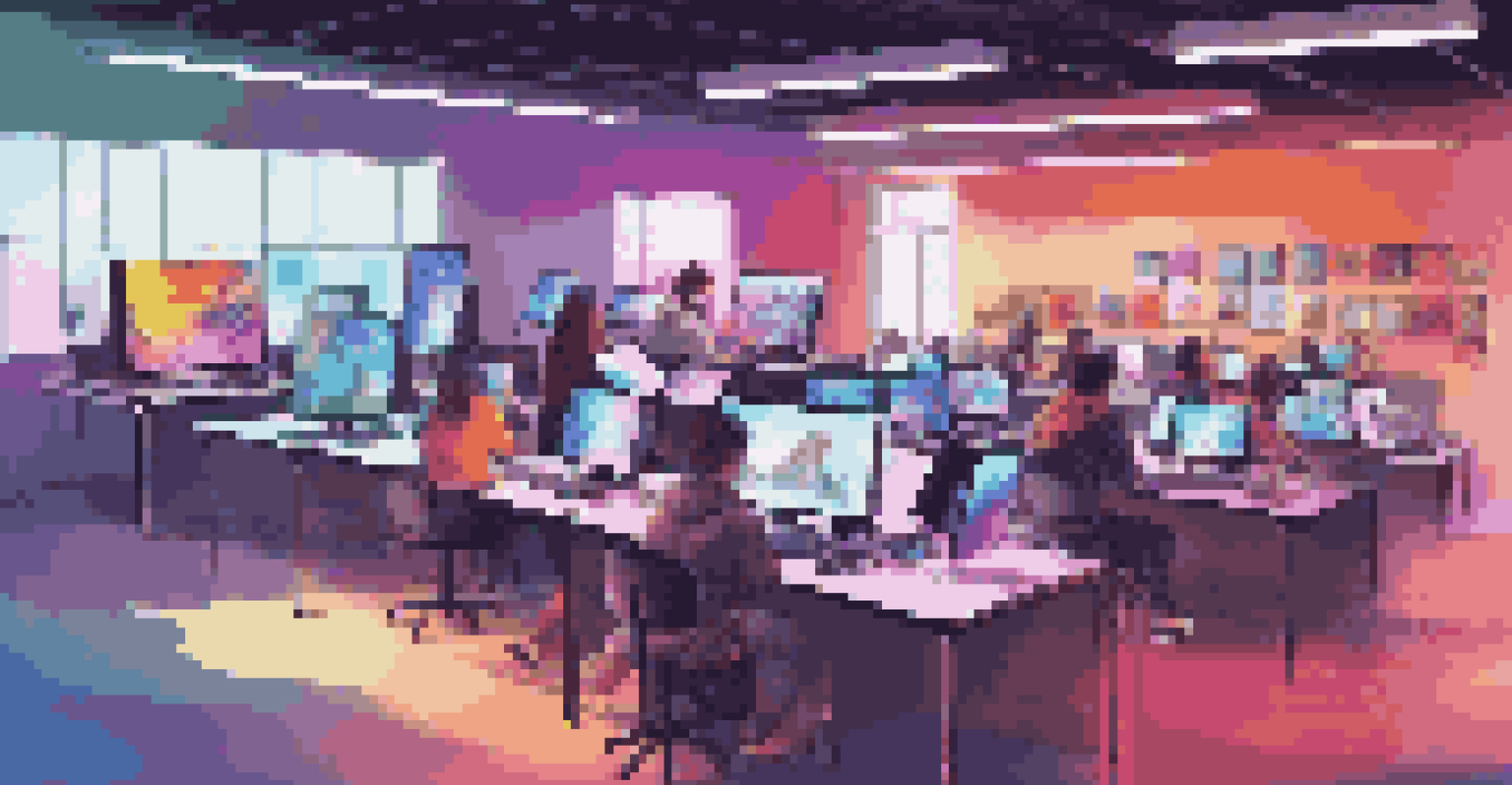 Students in a modern digital art studio using tablets and computers to create bright digital artworks, surrounded by colorful LED lights and displays of various art styles.