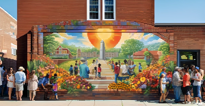 A colorful community mural on a brick wall surrounded by greenery, featuring diverse cultural elements and people admiring it in a sunny environment.
