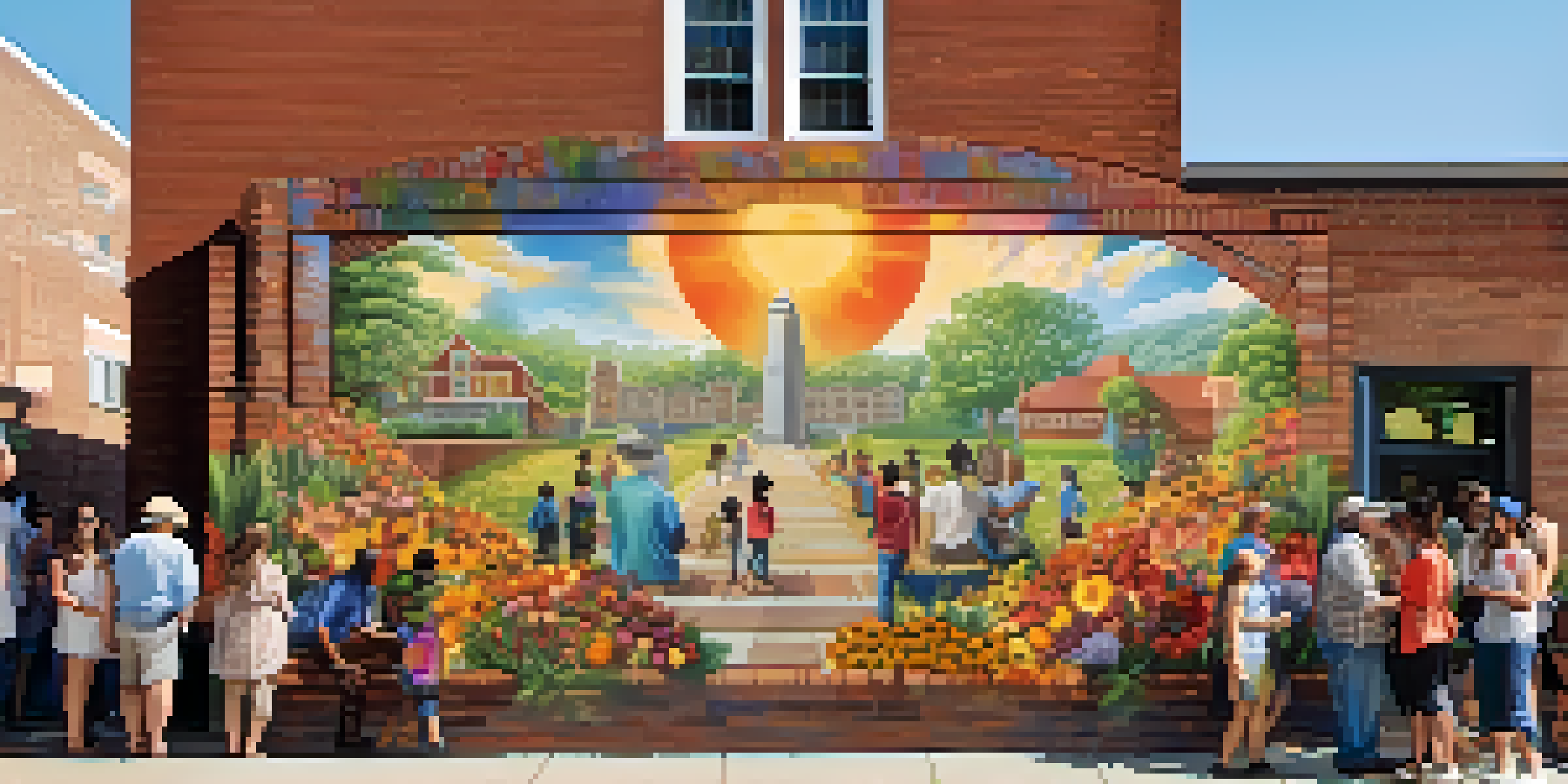 A colorful community mural on a brick wall surrounded by greenery, featuring diverse cultural elements and people admiring it in a sunny environment.