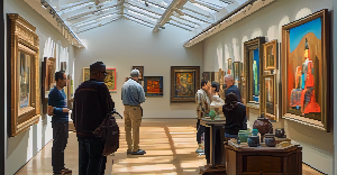 An art gallery with a variety of artworks from different cultures and visitors admiring them.