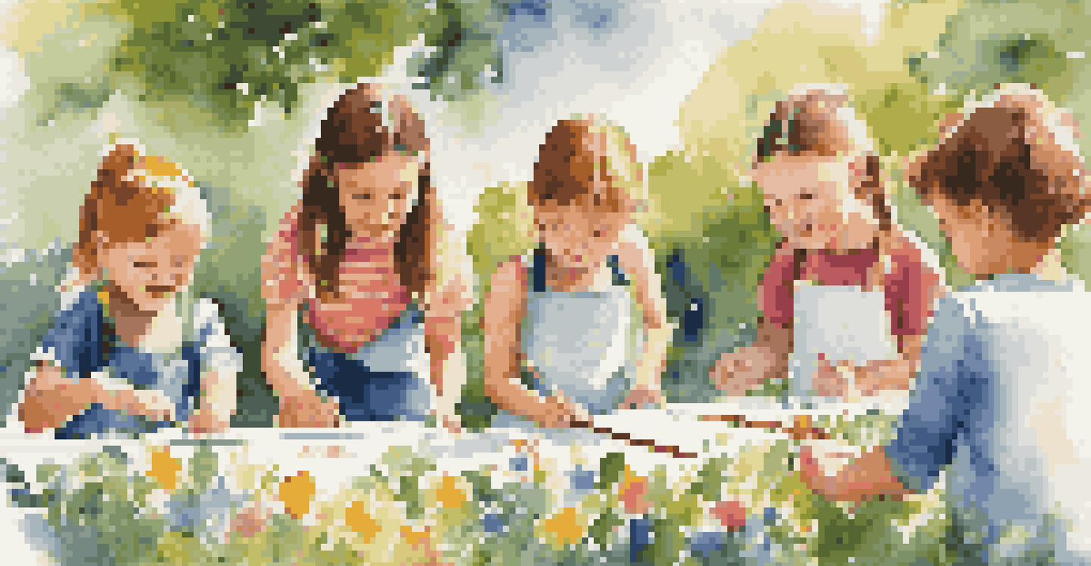 Children happily painting in an outdoor art class in a sunny park, surrounded by greenery and flowers, showcasing their creativity.
